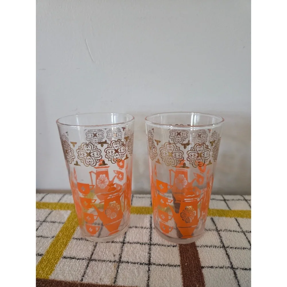 Vintage MCM Orange Gold Coffee Pot Teacup Drinking Glasses Set of 2 Retro 5 Inch